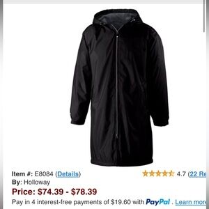 Men’s Large knee length outdoor soccer coat with hood.
